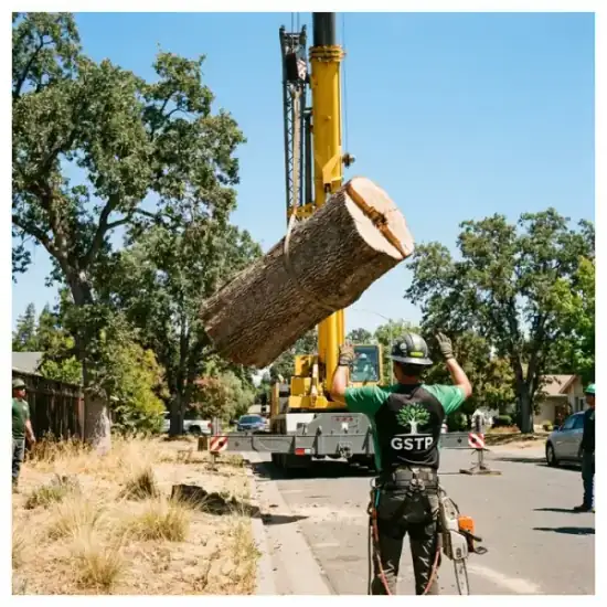 Crane lowering a tree section during a Irvine removal